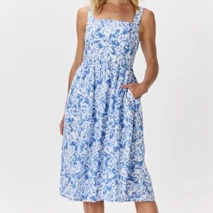 Quince 100% European Linen Fit & Flare Midi Dress Blue Floral Waterfall S